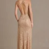 Violette versierde asymmetrische maxi-jurk met één schouder in beige goud