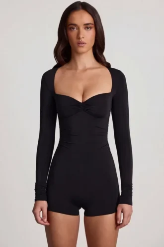 Vionne Soft Jersey Sweetheart Mini-playsuit met lange mouwen in zwart