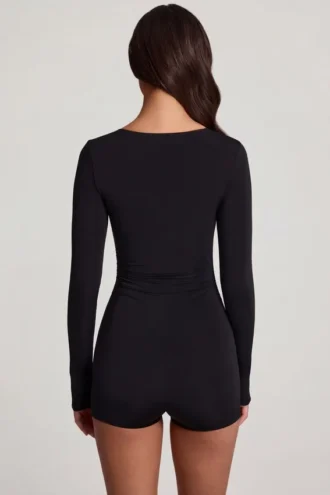 Vionne Soft Jersey Sweetheart Mini-playsuit met lange mouwen in zwart
