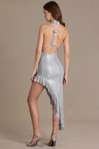 Vivienne Premium versierde asymmetrische maxi-jurk met diep decolleté in zilver