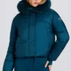 Waterdicht cropped ski-jack met capuchon van imitatiebont in teal