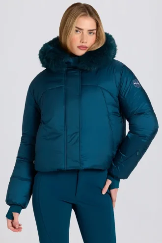 Waterdicht cropped ski-jack met capuchon van imitatiebont in teal
