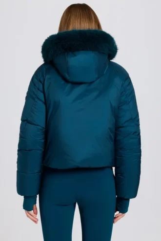 Waterdicht cropped ski-jack met capuchon van imitatiebont in teal