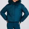 Waterdicht cropped ski-jack met capuchon van imitatiebont in teal