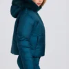 Waterdicht cropped ski-jack met capuchon van imitatiebont in teal