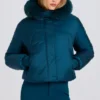 Waterdicht cropped ski-jack met capuchon van imitatiebont in teal