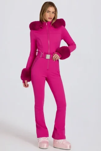 Waterdicht, getailleerd skipak met capuchon van imitatiebont in magenta roze