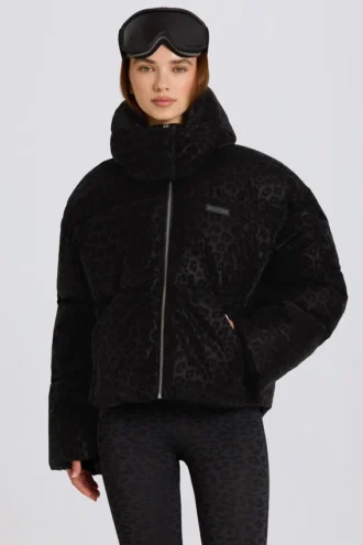 Waterdichte cropped oversized ski-jas in zwart met luipaardprint