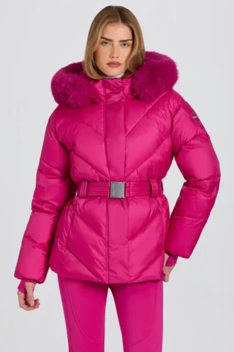 Waterdichte skijas met capuchon van imitatiebont in magenta roze