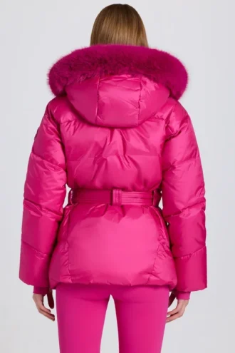Waterdichte skijas met capuchon van imitatiebont in magenta roze