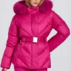 Waterdichte skijas met capuchon van imitatiebont in magenta roze