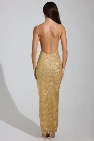 Yarina versierde maxi-jurk met ronde hals en split op de dij in goud