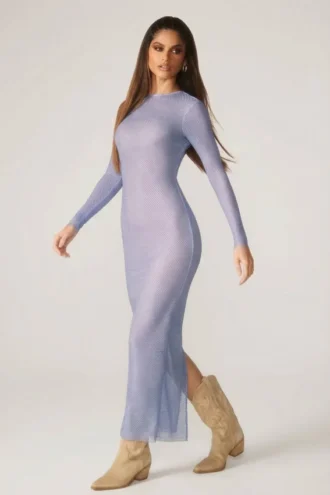 Yasmin versierde maxi-jurk met lange mouwen in blauw