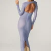 Yasmin versierde maxi-jurk met lange mouwen in blauw