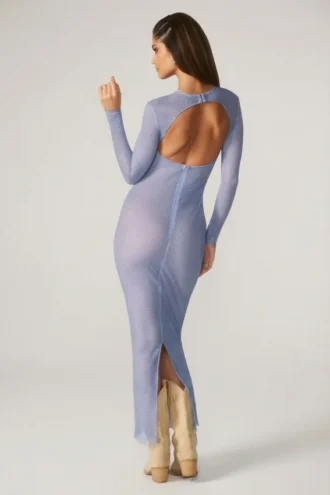 Yasmin versierde maxi-jurk met lange mouwen in blauw