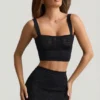 Yolanda Pointelle-Knit Crop Top in zwart