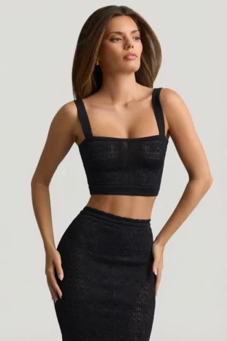 Yolanda Pointelle-Knit Crop Top in zwart