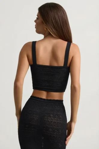 Yolanda Pointelle-Knit Crop Top in zwart