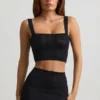 Yolanda Pointelle-Knit Crop Top in zwart
