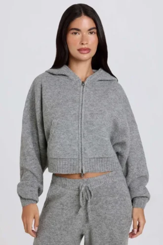 Zachte gebreide cropped hoodie met ritssluiting in grijs