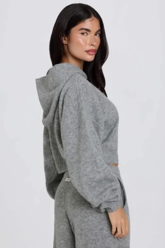 Zachte gebreide cropped hoodie met ritssluiting in grijs