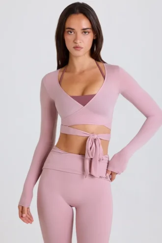 Zachte jersey crop top met overslag in mauve