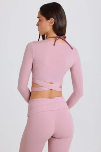 Zachte jersey crop top met overslag in mauve