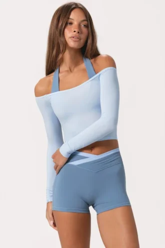 Zachte jersey off-shoulder top in poederblauw