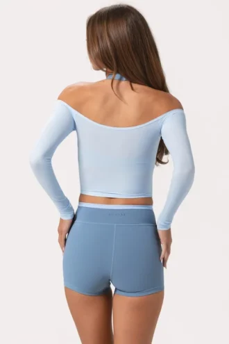 Zachte jersey off-shoulder top in poederblauw