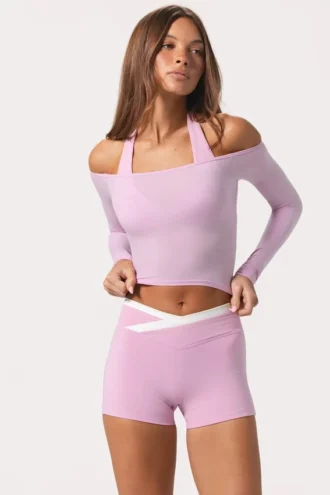Zachte jersey off-shoulder top in zoetroze