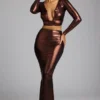 Rana crop top met diepe halslijn van metallic jersey in koperbrons
