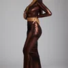 Rana crop top met diepe halslijn van metallic jersey in koperbrons