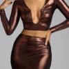 Rana crop top met diepe halslijn van metallic jersey in koperbrons