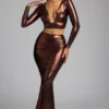 Rana crop top met diepe halslijn van metallic jersey in koperbrons