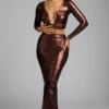 Rana crop top met diepe halslijn van metallic jersey in koperbrons