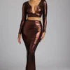 Rana crop top met diepe halslijn van metallic jersey in koperbrons