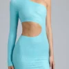 Zanab metallic minijurk met uitsnijdingen en één schouder in ijsblauw