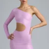 Zanab metallic minijurk met uitsnijdingen en één schouder in violetroze