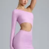 Zanab metallic minijurk met uitsnijdingen en één schouder in violetroze