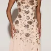 Zelina versierde asymmetrische midi-jurk met zachte ronde halslijn in goud