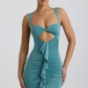 Zivanka Slinky Jersey minijurk met uitsnijdingen en ruches in zeegroen