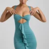 Zivanka Slinky Jersey minijurk met uitsnijdingen en ruches in zeegroen